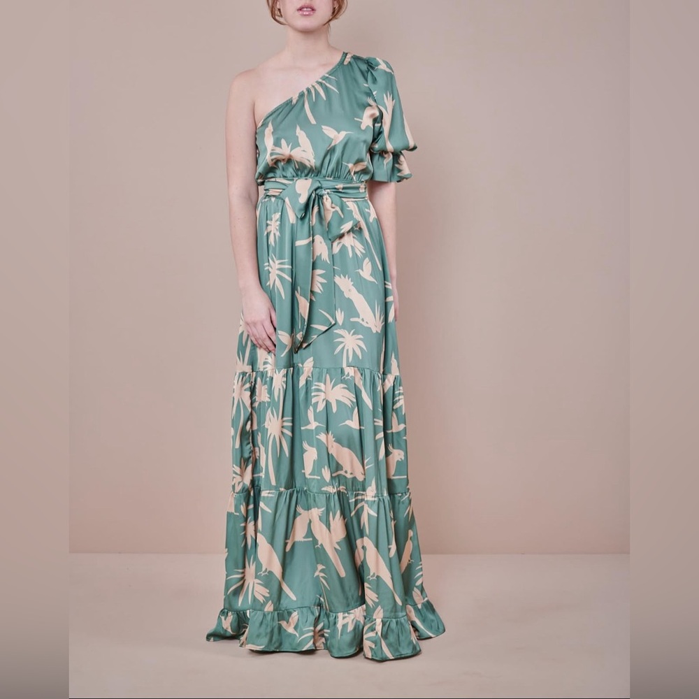 Floral One-Shoulder Dress in Blue and Peach